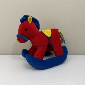 PJ Toys Red Rocking Horse Plush Stuffed Toy Rattle Red Yellow Blue 10” RARE